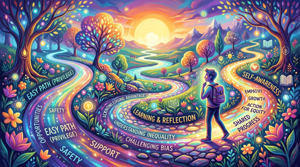 A person with a backpack standing at a fork between three vibrant paths labeled with concepts like privilege, safety, learning, and growth