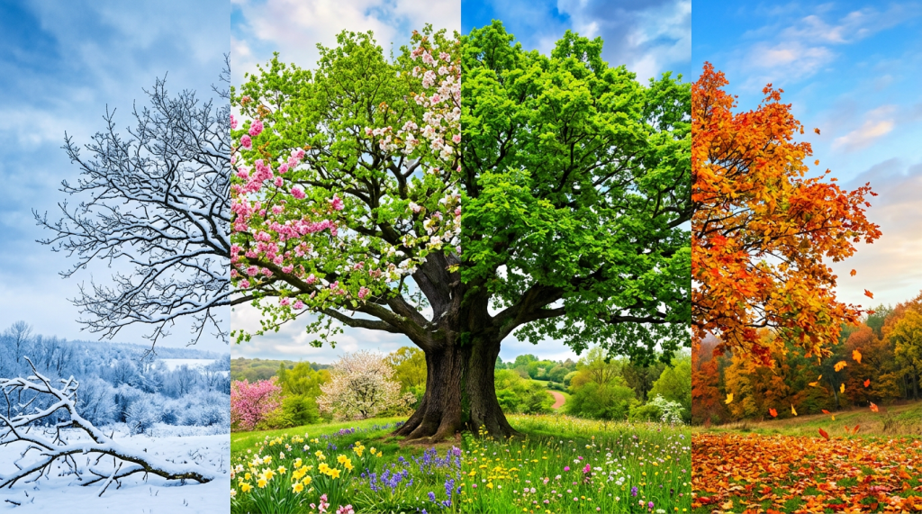 Large tree with four distinct sections showing winter snow, spring blossoms, summer green leaves, and autumn orange leaves