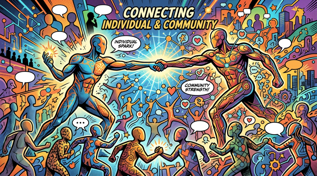 Two large figures shaking hands surrounded by smaller figures symbolizing community and connection