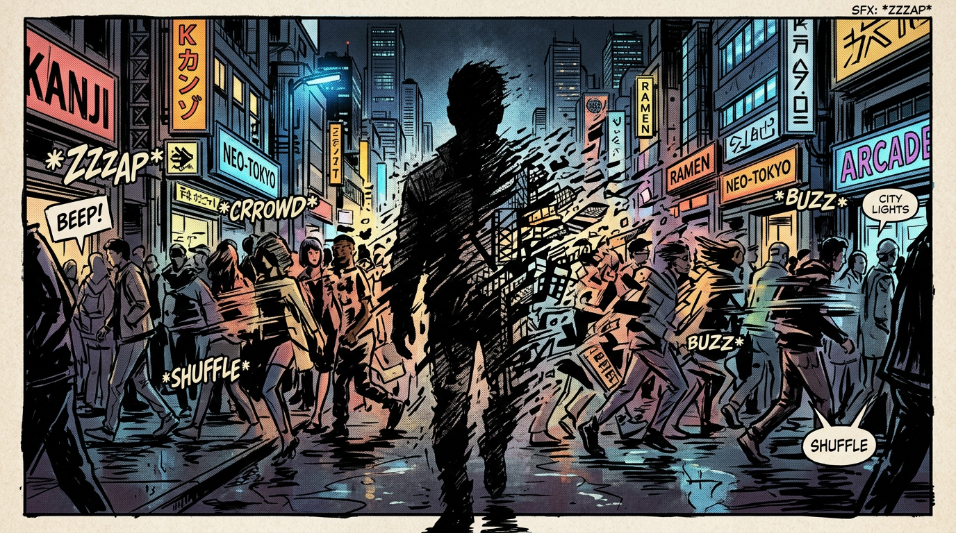 Silhouette fading amid a crowded neon-lit street in Neo-Tokyo