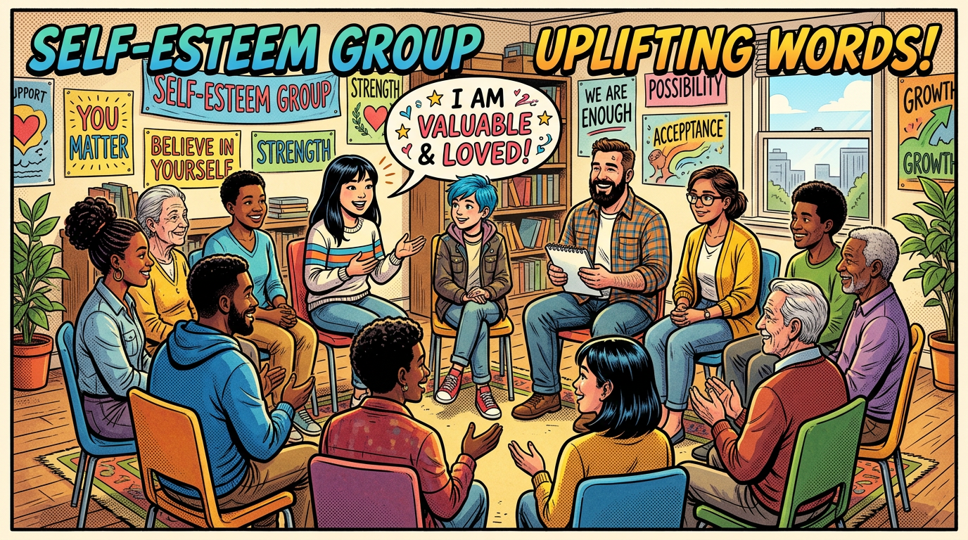 Diverse group in self-esteem support meeting with positive posters
