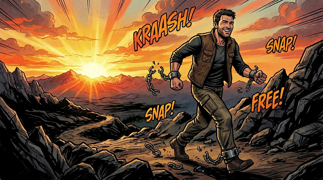 Muscular man breaking chains while walking in a rocky landscape at sunset