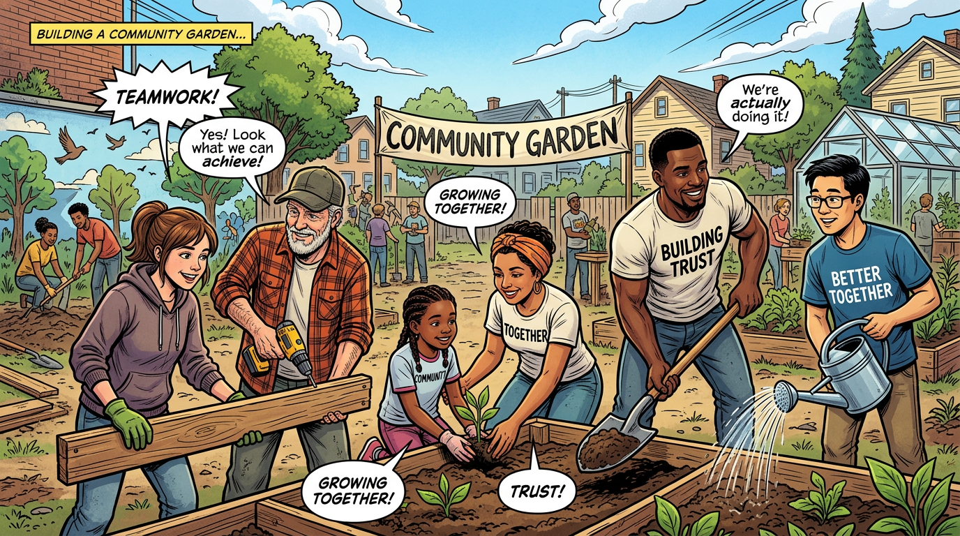 Community members working together to build and plant a community garden