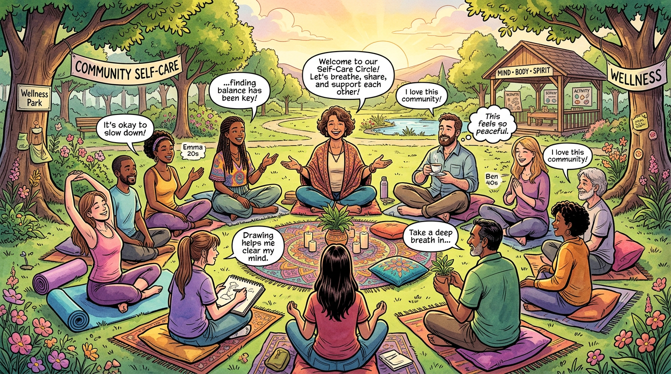 People sitting in a circle outdoors practicing self-care and sharing positive thoughts