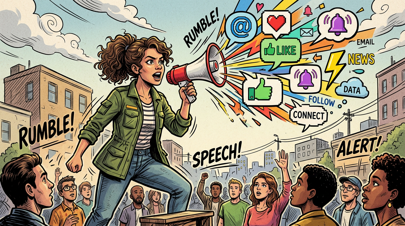 Woman speaking through megaphone projecting social media icons and words to attentive crowd