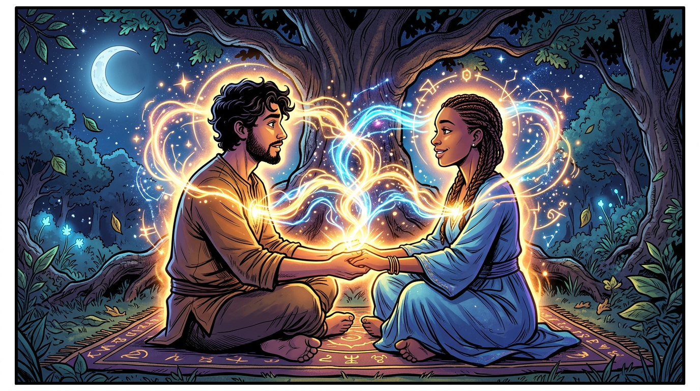 Man and woman sitting cross-legged on a magical carpet, holding hands with glowing energy streams between them under a starry night with a crescent moon