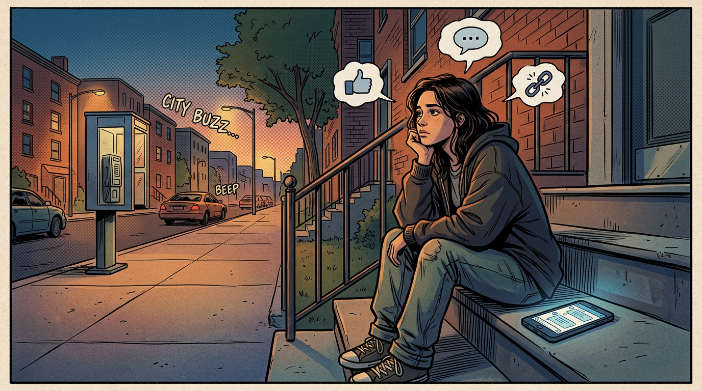 Woman sitting alone outside with phone and digital message symbols