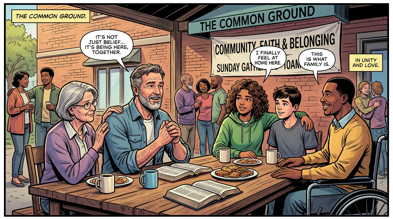 Comic panel titled The Common Ground showing a diverse group gathered around a table; visible text reads Community Faith & Belonging, Sunday Gathering 10AM, It's not just belief... it's being here, together, I finally feel at home here, This is what family is, and In unity and love.