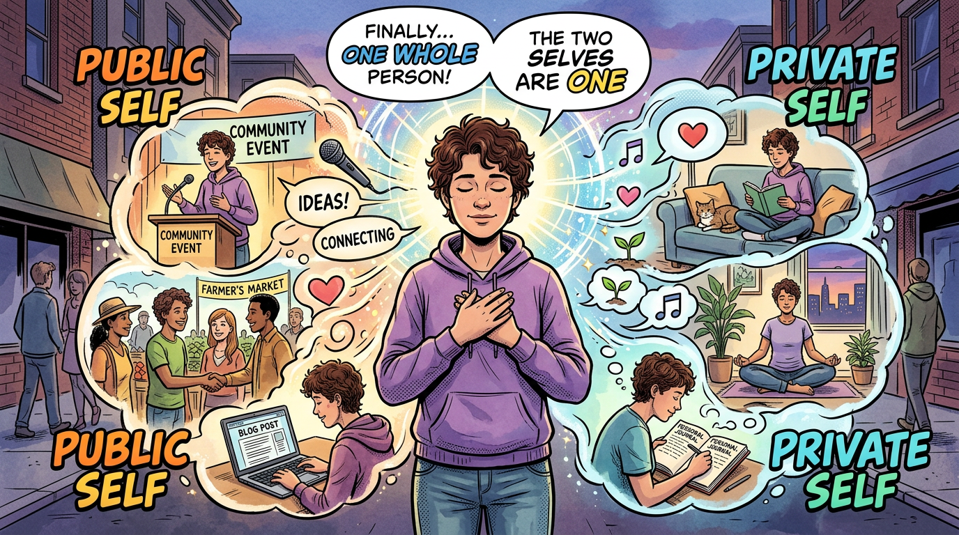 Illustration labeled PUBLIC SELF and PRIVATE SELF, showing one person integrating social and private experiences.