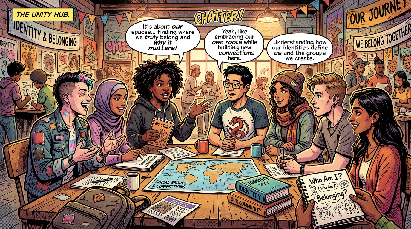 Diverse group discussing identity and belonging around a table
