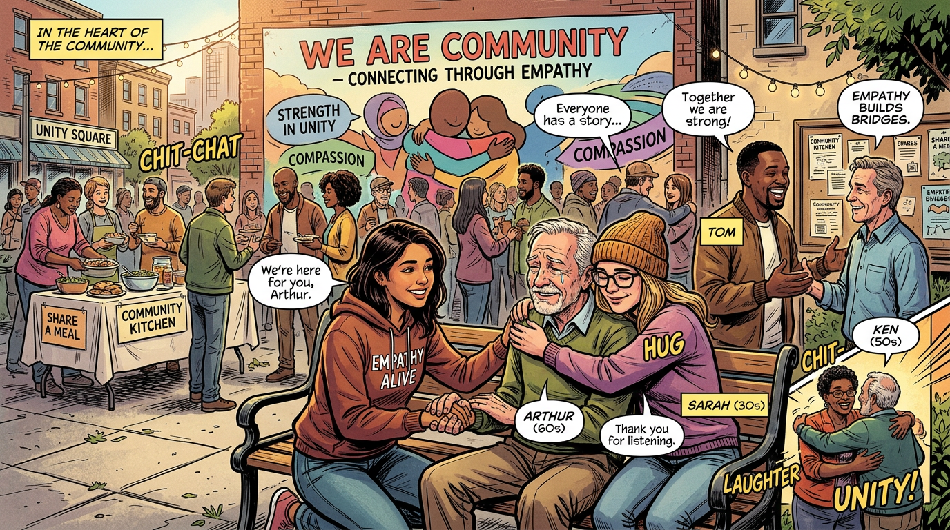 Community scene with empathy, unity, compassion, shared meals, hugs, and conversation