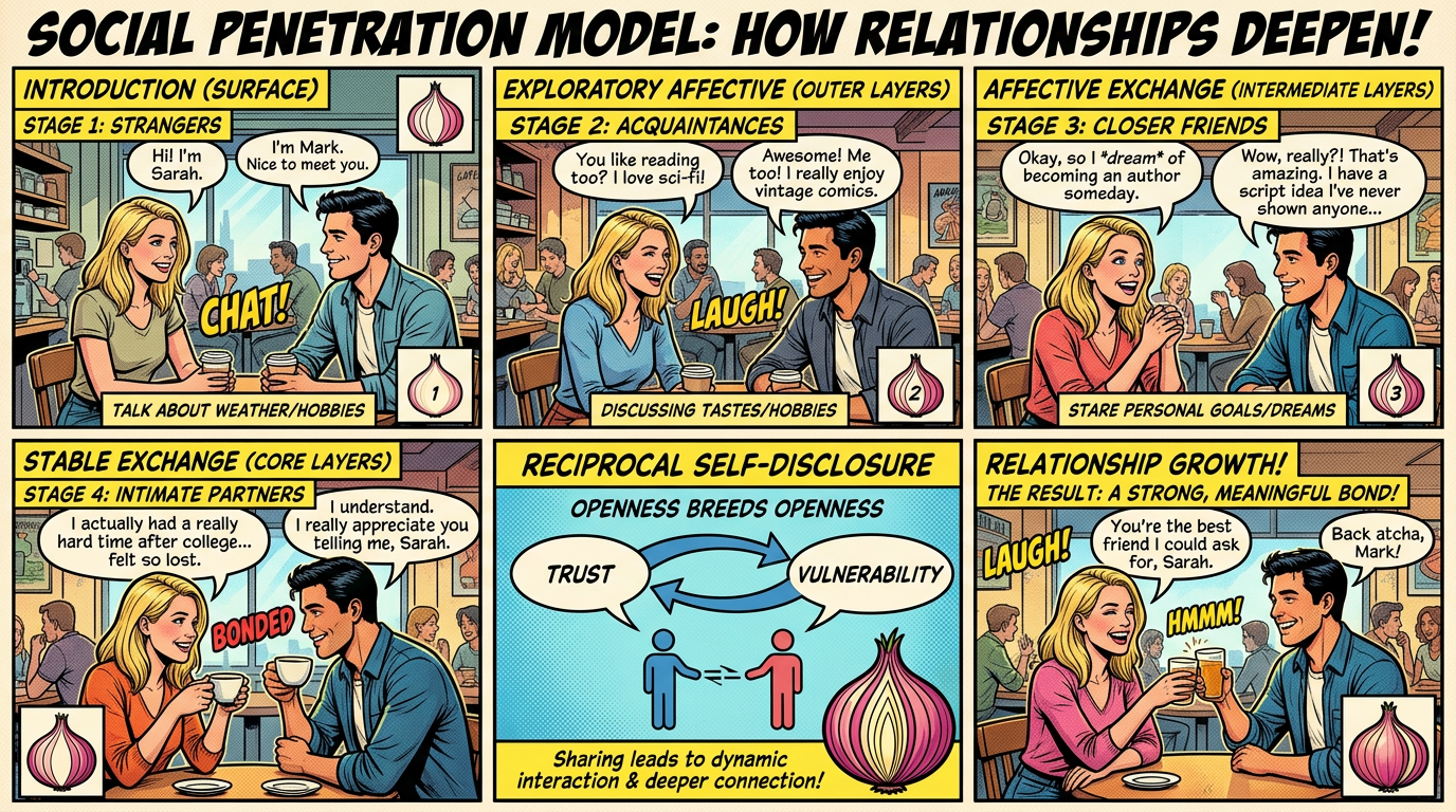 Comic explaining social penetration stages from strangers to intimate partners through trust and vulnerability