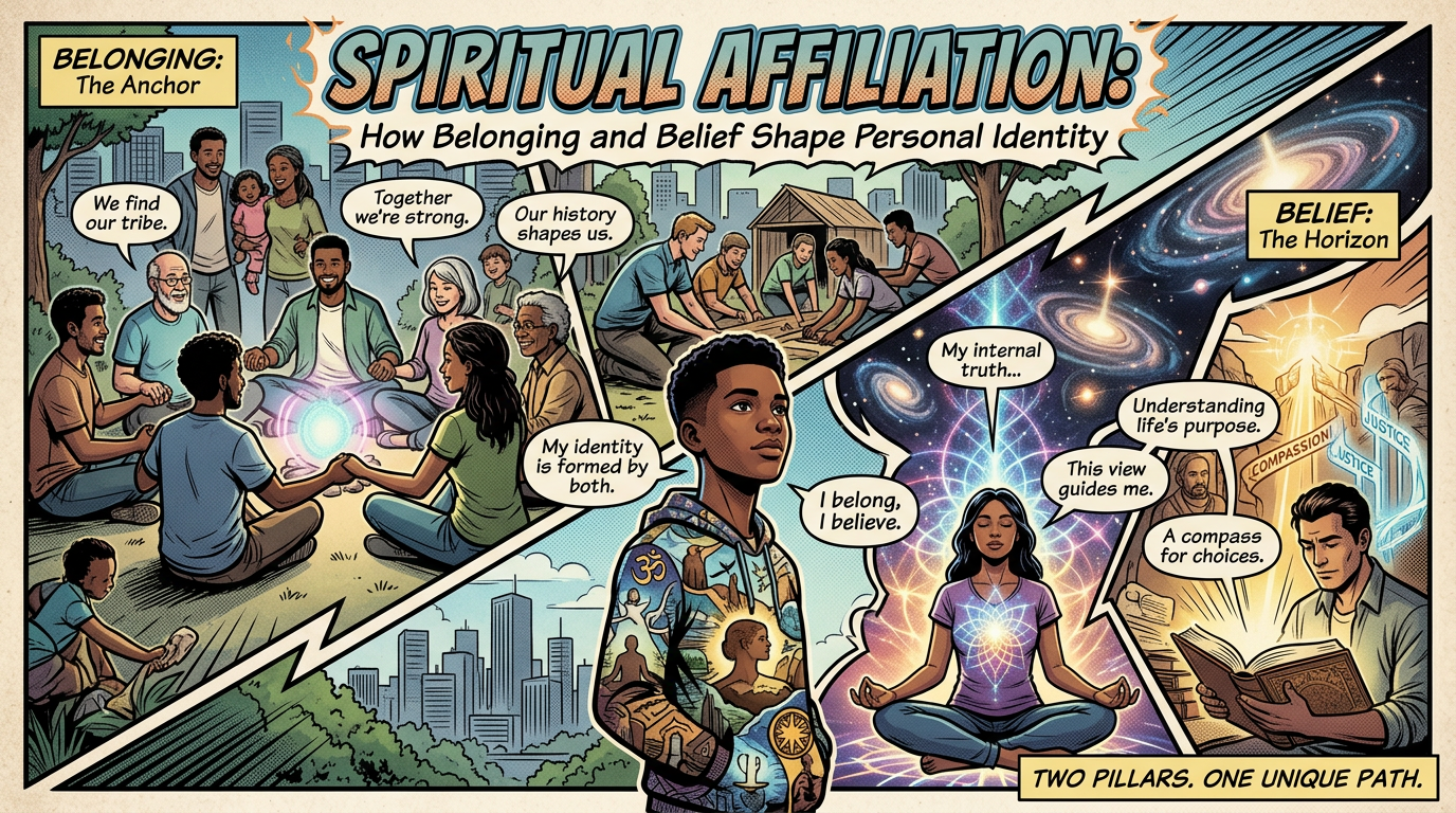 Infographic text: “BELONGING: The Anchor,” “SPIRITUAL AFFILIATION: How Belonging and Belief Shape Personal Identity,” “We find our tribe,” “Together we’re strong,” “Our history shapes us,” “My identity is formed by both,” “I belong, I believe,” “BELIEF: The Horizon,” “My internal truth,” “Understanding life’s purpose,” “This view guides me,” “A compass for choices,” and “TWO PILLARS. ONE UNIQUE PATH.” It depicts community, cultural identity, meditation, spirituality, and reading about justice and compassion.