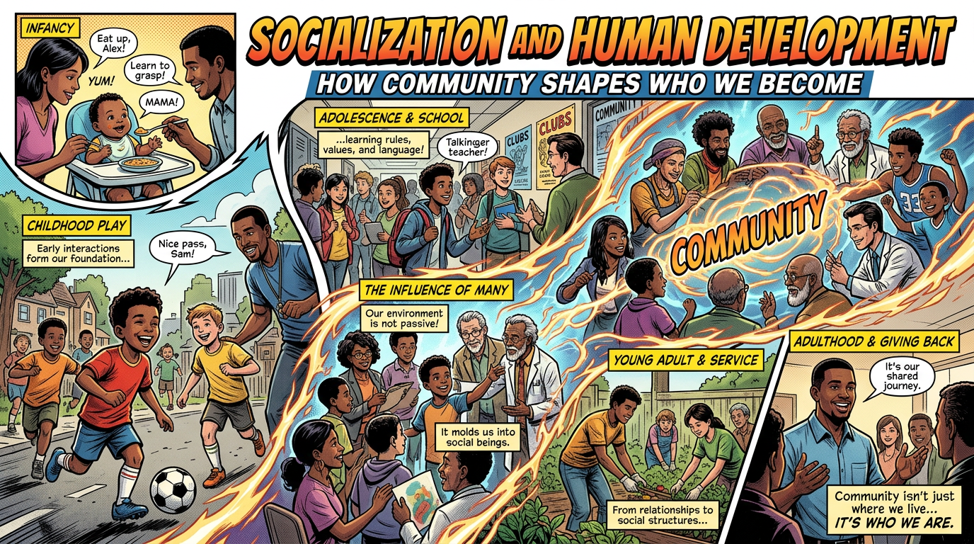 Comic infographic titled “Socialization and Human Development” showing community influence across life stages.