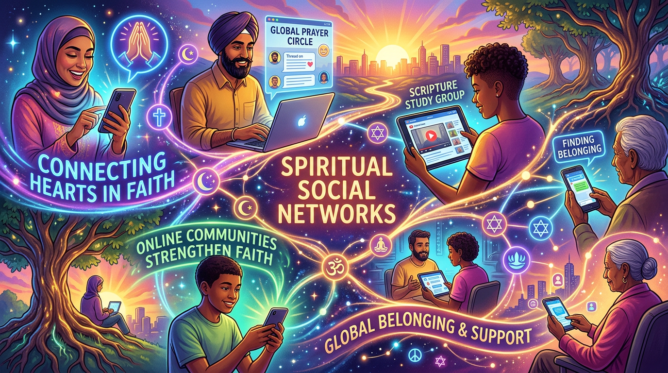 Illustration reading “Spiritual Social Networks,” with people using devices for faith communities, prayer, study, belonging, and support; text includes “Connecting Hearts in Faith,” “Global Prayer Circle,” “Scripture Study Group,” “Finding Belonging,” “Online Communities Strengthen Faith,” and “Global Belonging & Support.”