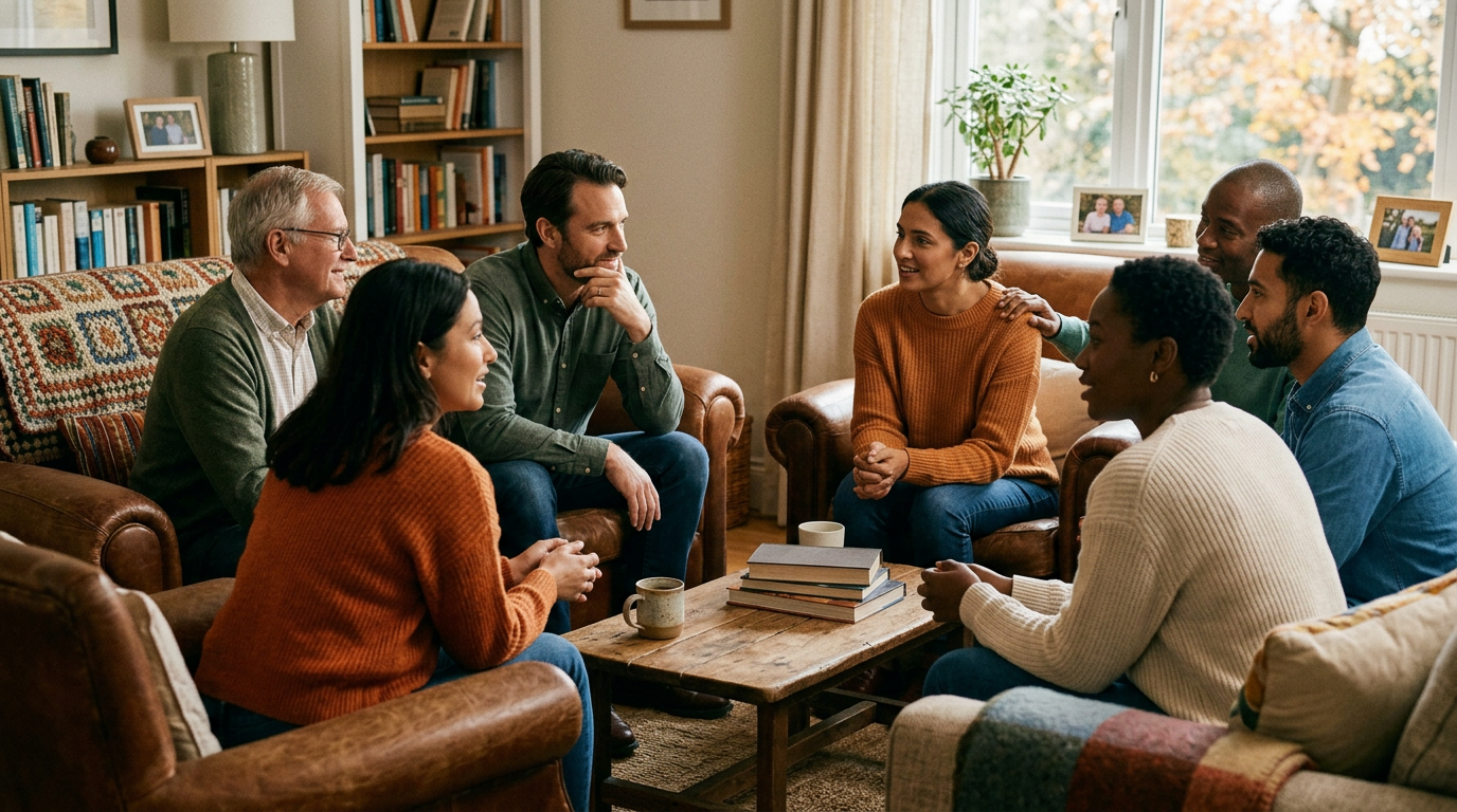 Six friends talking together around a coffee table in a living room