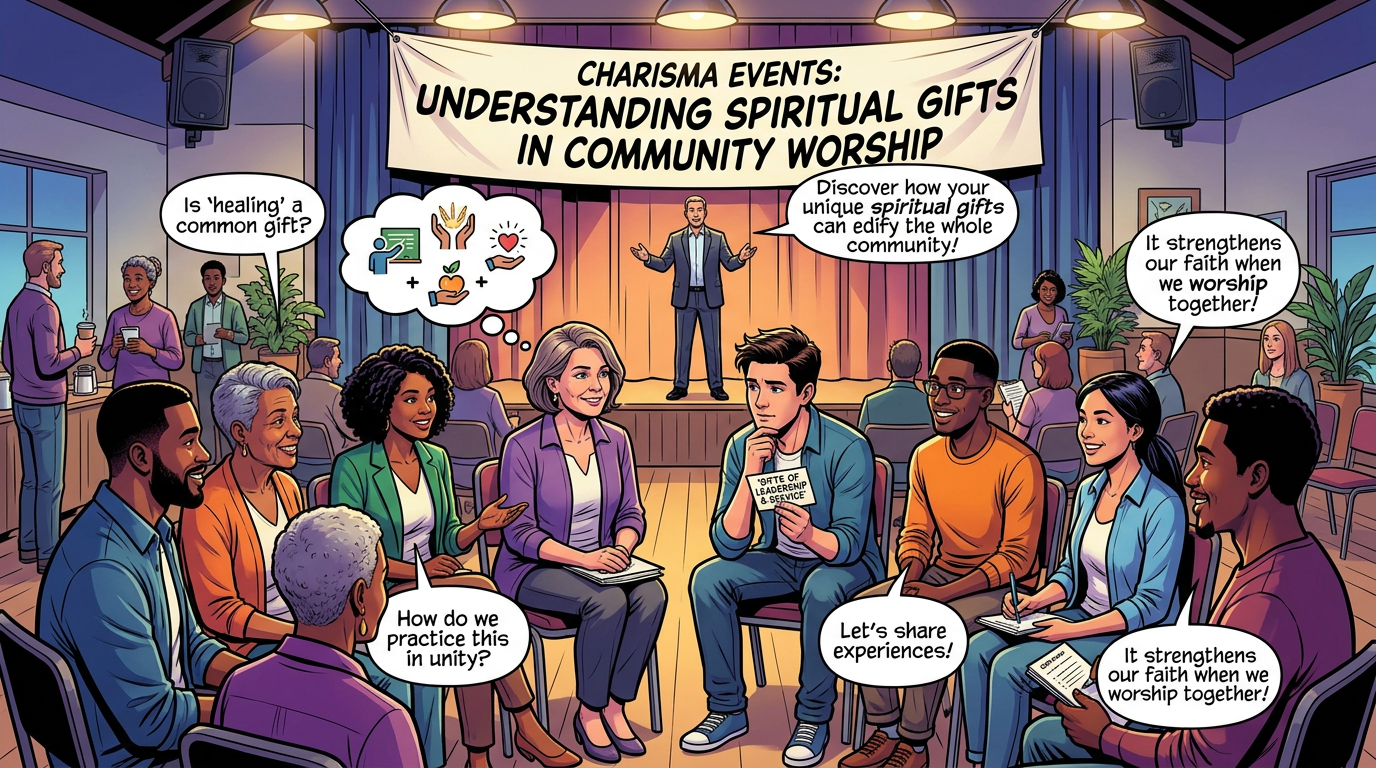 Banner reads “CHARISMA EVENTS: UNDERSTANDING SPIRITUAL GIFTS IN COMMUNITY WORSHIP.” Speech bubbles read “Is ‘healing’ a common gift?”, “Discover how your unique spiritual gifts can edify the whole community!”, “It strengthens our faith when we worship together!”, “How do we practice this in unity?”, and “Let’s share experiences!” A speaker presents to a diverse seated group; a booklet reads “GATE OF LEADERSHIP & SERVICE.”