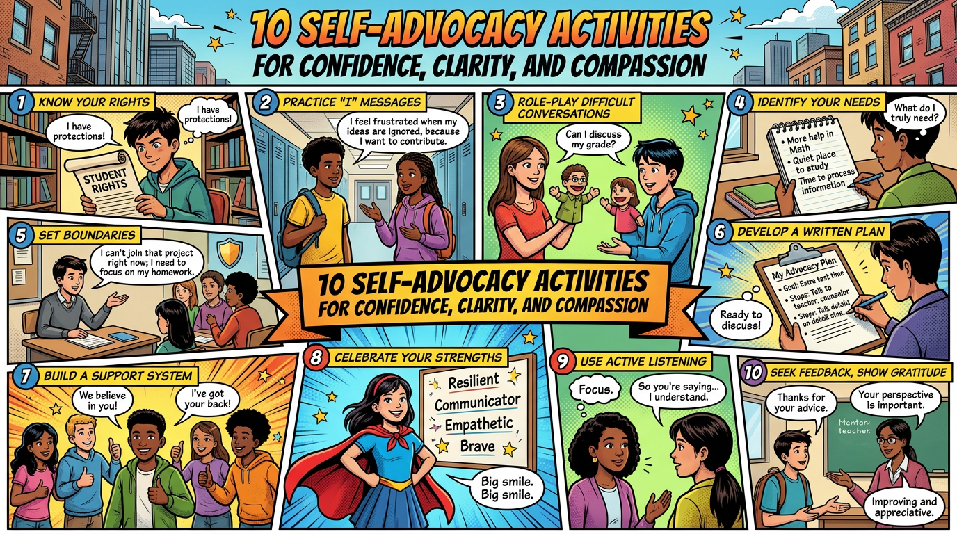 Poster titled “10 Self-Advocacy Activities for Confidence, Clarity, and Compassion,” featuring ten student activities.