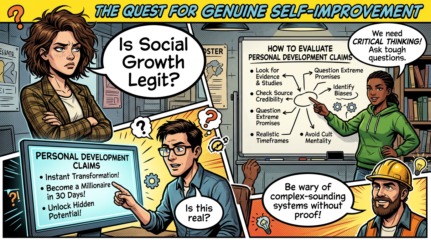 Comic titled “The Quest for Genuine Self-Improvement” asks “Is Social Growth Legit?” and “Is this real?” It lists “Personal Development Claims,” including “Instant Transformation!”, “Become a Millionaire in 30 Days!”, and “Unlock Hidden Potential!” A board advises looking for evidence and studies, checking source credibility, questioning extreme promises, identifying biases, using realistic timeframes, and avoiding cult mentality. Speech bubbles say “We need critical thinking! Ask tough questions.” and “Be wary of complex-sounding systems without proof!”