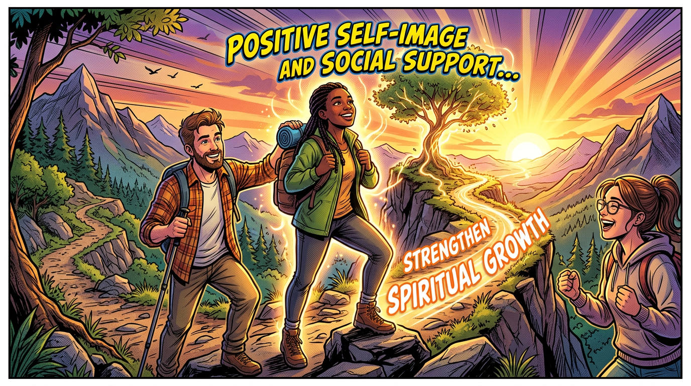 Comic-style hikers in mountains with text: POSITIVE SELF-IMAGE AND SOCIAL SUPPORT... STRENGTHEN SPIRITUAL GROWTH