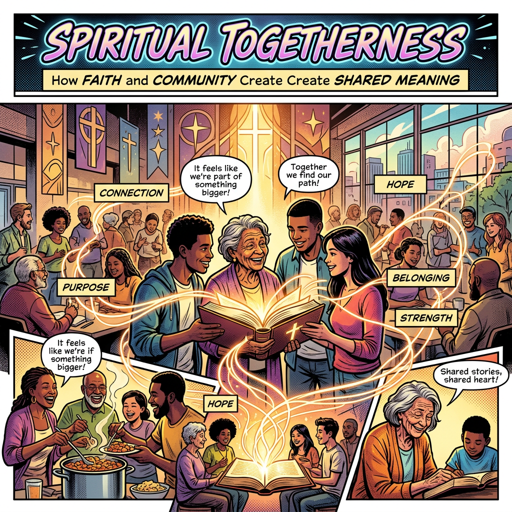 “SPIRITUAL TOGETHERNESS”; “How FAITH and COMMUNITY Create Create SHARED MEANING”; diverse community sharing an open book, meals, conversation, and labeled values including CONNECTION, PURPOSE, HOPE, BELONGING, and STRENGTH.