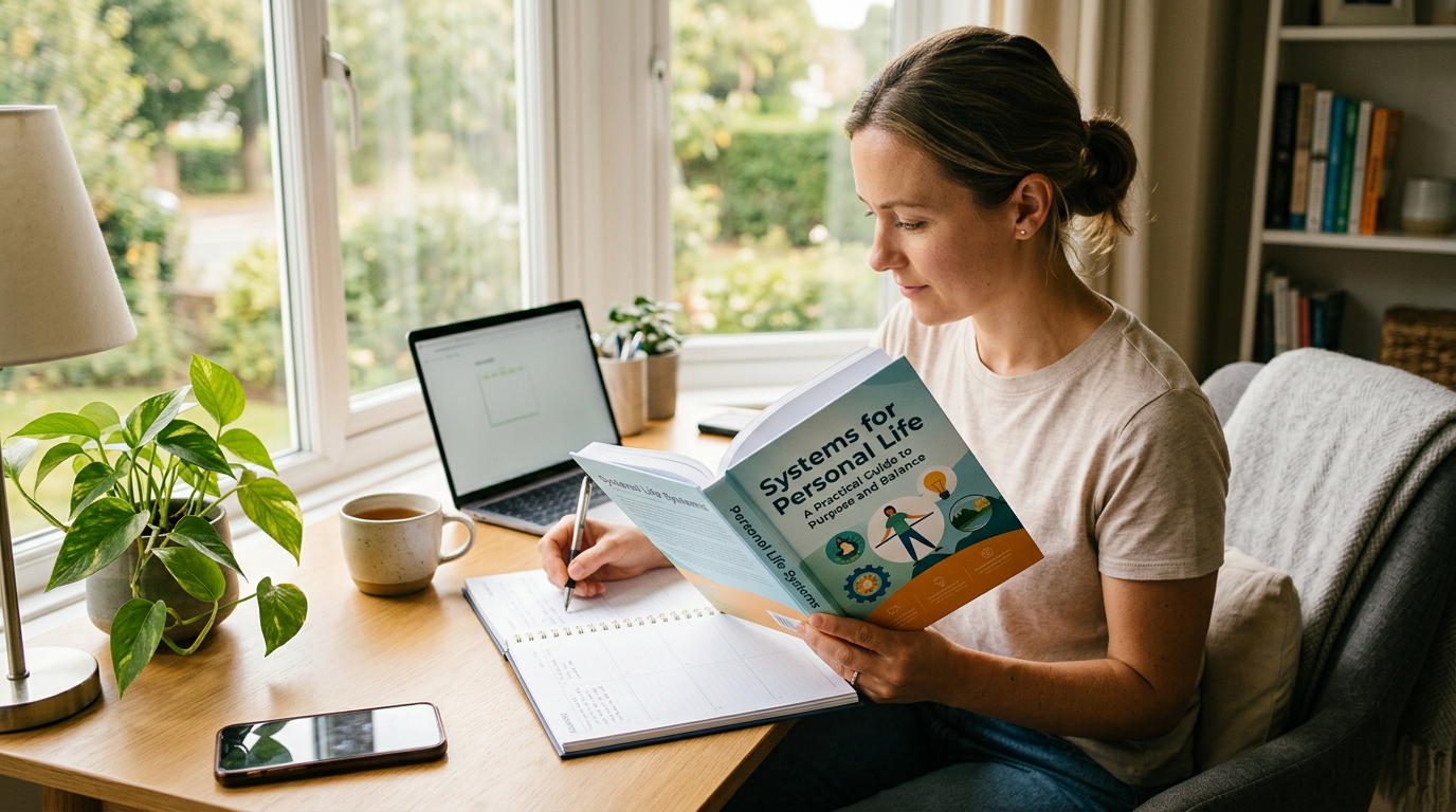 Woman reading “Systems for Personal Life” and writing in a planner beside a laptop