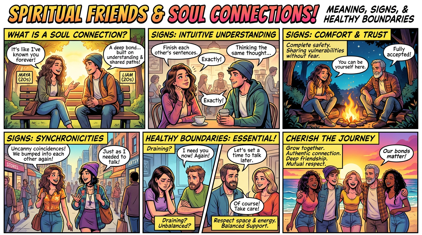 Comic titled "SPIRITUAL FRIENDS & SOUL CONNECTIONS! MEANING, SIGNS, & HEALTHY BOUNDARIES" with panels about soul connections, intuitive understanding, comfort and trust, synchronicities, healthy boundaries, and cherishing the journey. Visible text includes: "WHAT IS A SOUL CONNECTION?" "It's like I've known you forever!" "A deep bond... built on understanding & shared paths!" "MAYA (20s)" "LIAM (20s)" "SIGNS: INTUITIVE UNDERSTANDING" "Finish each other's sentences." "Exactly!" "Thinking the same thought..." "SIGNS: COMFORT & TRUST" "Complete safety. Sharing vulnerabilities without fear." "You can be yourself here." "Fully accepted!" "SIGNS: SYNCHRONICITIES" "Uncanny coincidences! We bumped into each other again!" "Just as I needed to talk!" "HEALTHY BOUNDARIES: ESSENTIAL!" "Draining?" "I need you now! Again!" "Let's set a time to talk later." "Of course! Take care!" "Draining? Unbalanced?" "Respect space & energy. Balanced support." "CHERISH THE JOURNEY" "Grow together. Authentic connection. Deep friendship. Mutual respect." "Our bonds matter!"