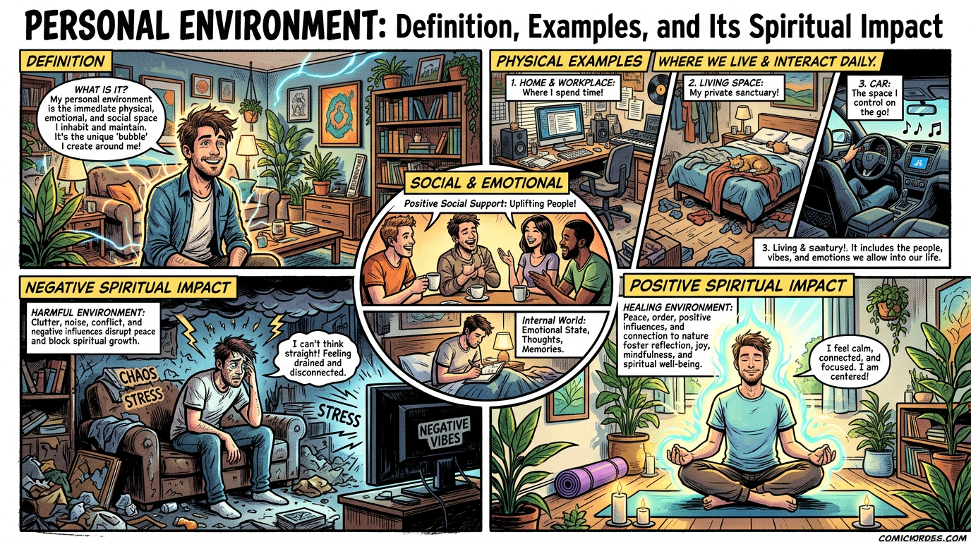 Infographic titled “Personal Environment: Definition, Examples, and Its Spiritual Impact,” contrasting negative and positive environments.